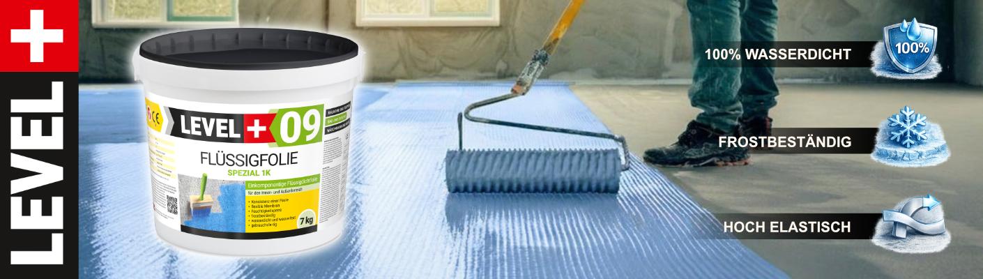 LEVEL+ 09 Flüssigfolie – Wasserdichte Abdichtung für Balkone und Duschen LEVEL+ 09 Flüssigfolie Spezial 1K Eimer vor einem frisch abgedichteten blauen Boden. Eigenschaften: 100% wasserdicht, frostbeständig und hoch elastisch.