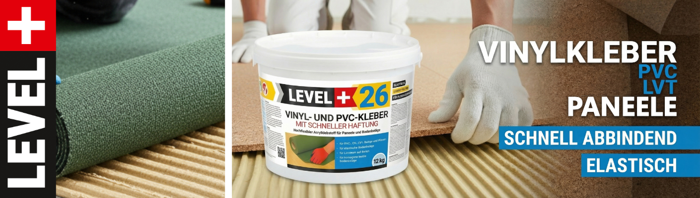 LEVEL+ 26 Vinyl- und PVC-Kleber für elastische Bodenbeläge LEVEL+ 26 Vinyl- und PVC-Kleber Eimer. Ein Handwerker verlegt einen grünen Bodenbelag in das Klebett. Schnell abbindender Klebstoff für PVC, LVT und Paneele.