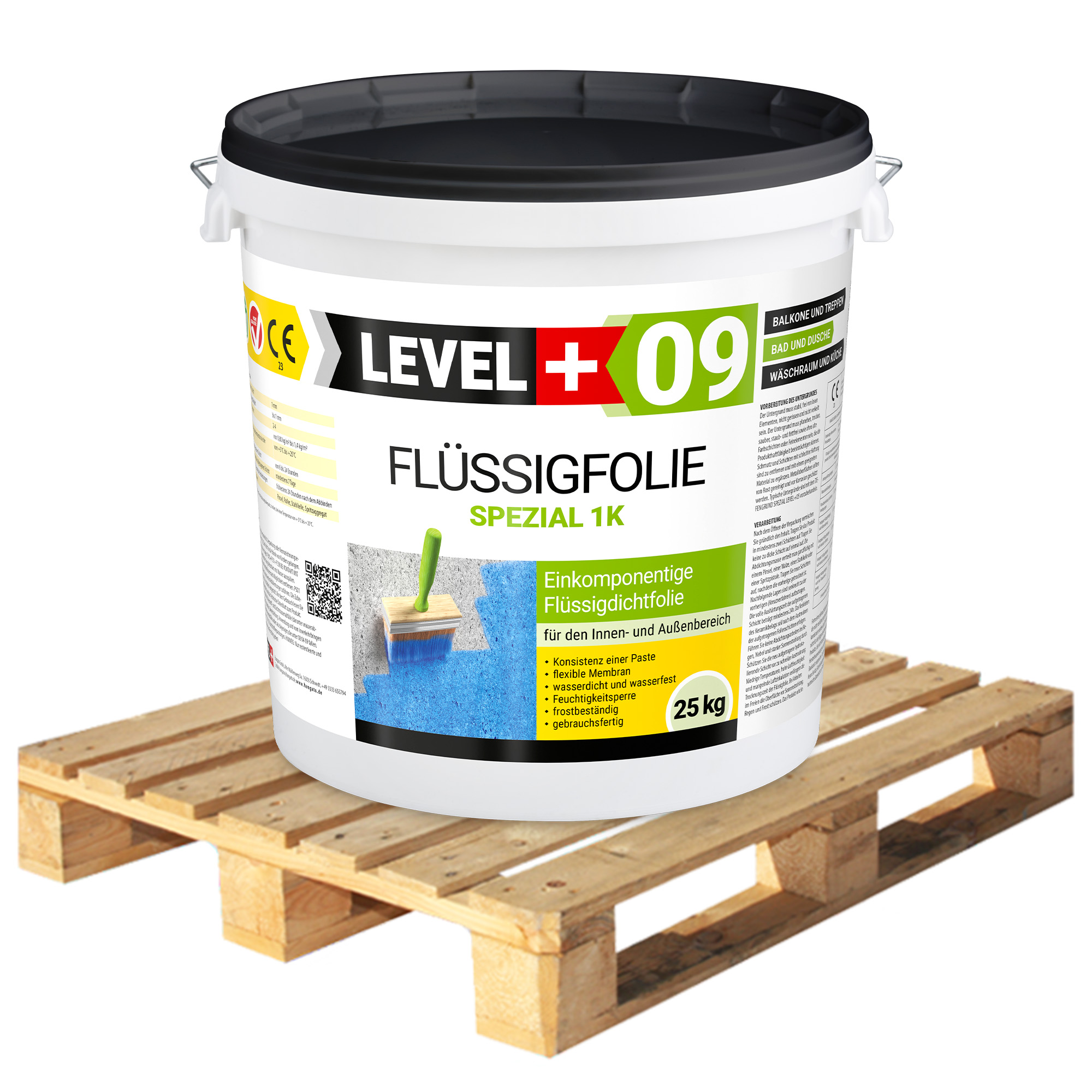 Dichtfolie 25Kg x 24 Balkon Dusche Elastische Flüssigfolie 600kg Palette LEVEL+09