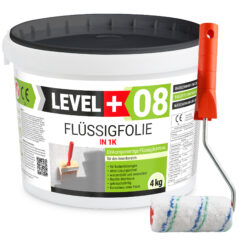 Flüssigfolie in 1K Dichtfolie Abdichtfolie Abdichtung Bad Dusche Küche Wasserdicht 4Kg + Farbroller 10cm LEVEL+08