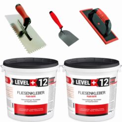 Fliesenkleber 40Kg + Zahnglätter 6mm + Fugbrett + Spachtelkelle 60mm LEVEL+ SET200