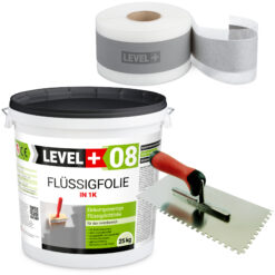 Dichtset Badabdichtung Dichtfolie Duschelement Dichtband Flüssigfolie 25kg + Zahnglätter Edelstahl LEVEL+ SET50