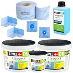 Dichtset für Bad Dusche, Balkon Abdichtung Dichtband Flussigfolie 9,5kg LEVEL+ SET65