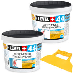 Super Finish Fertigspachtel Q1-Q4 Spachtelmasse 10+10Kg Perfekt Glatt Weiß Innenbereich + Kunststoffspachtel Fugenspachtel ohne Zahnung Set LEVEL+44