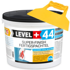 Super Finish Fertigspachtel Q1-Q4 Spachtelmasse 15Kg Perfekt Glatt Weiß Innenbereich + Kunststoffspachtel Fugenspachtel ohne Zahnung Set LEVEL+44