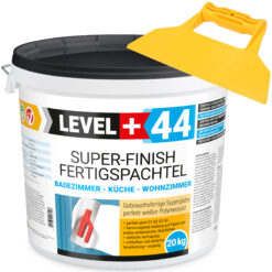 Super Finish Fertigspachtel Q1-Q4 Spachtelmasse 20Kg Perfekt Glatt Weiß Innenbereich + Kunststoffspachtel Fugenspachtel ohne Zahnung Set LEVEL+44