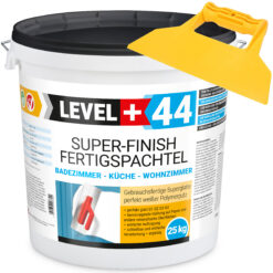 Super Finish Fertigspachtel Q1-Q4 Spachtelmasse 25Kg Perfekt Glatt Weiß Innenbereich + Kunststoffspachtel Fugenspachtel ohne Zahnung Set LEVEL+44