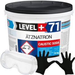 Rohrreiniger Ätznatron Entfetter Perlen Caustic Soda Eimer 15kg Seifenindustrie + Schutzbrille + Nitrillhandschuhe Arbeitsschutz Set LEVEL+71