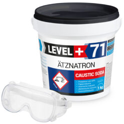 Ätznatron Entfetter Rohrreiniger Perlen Caustic Soda Eimer 1kg Seifenindustrie + Schutzbrille Arbeitsschutz Set LEVEL+71