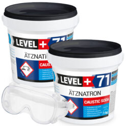 Ätznatron Entfetter Rohrreiniger Perlen Caustic Soda Eimer 2x1kg Seifenindustrie + Schutzbrille Arbeitsschutz Set LEVEL+71