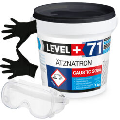 Rohrreiniger Ätznatron Entfetter Perlen Caustic Soda Eimer 1kg Seifenindustrie + Schutzbrille + Nitrillhandschuhe Arbeitsschutz Set LEVEL+71
