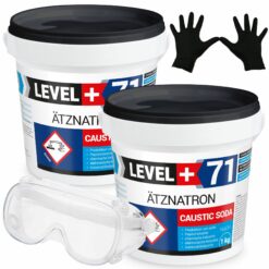 Rohrreiniger Ätznatron Entfetter Perlen Caustic Soda Eimer 2x1kg Seifenindustrie + Schutzbrille + Nitrillhandschuhe Arbeitsschutz Set LEVEL+71