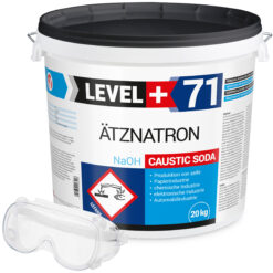 Ätznatron Entfetter Rohrreiniger Perlen Caustic Soda Eimer 20kg Seifenindustrie + Schutzbrille Arbeitsschutz Set LEVEL+71