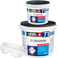 Ätznatron Entfetter Rohrreiniger Perlen Caustic Soda Eimer 25kg Seifenindustrie + Schutzbrille Arbeitsschutz Set LEVEL+71