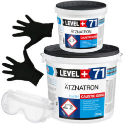 Rohrreiniger Ätznatron Entfetter Perlen Caustic Soda Eimer 25kg Seifenindustrie + Schutzbrille + Nitrillhandschuhe Arbeitsschutz Set LEVEL+71