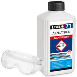 Ätznatron Entfetter Rohrreiniger Perlen Caustic Soda Flasche 1kg Seifenindustrie + Schutzbrille Arbeitsschutz Set LEVEL+71