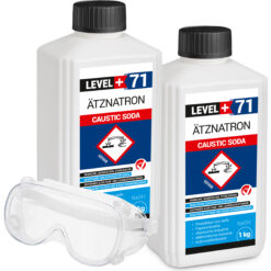 Ätznatron Entfetter Rohrreiniger Perlen Caustic Soda Flasche 2x1kg Seifenindustrie + Schutzbrille Arbeitsschutz Set LEVEL+71