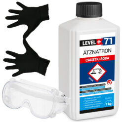 Rohrreiniger Ätznatron Entfetter Perlen Caustic Soda Flasche 1kg Seifenindustrie + Schutzbrille + Nitrillhandschuhe Arbeitsschutz Set LEVEL+71