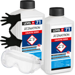 Rohrreiniger Ätznatron Entfetter Perlen Caustic Soda Flasche 2x1kg Seifenindustrie + Schutzbrille + Nitrillhandschuhe Arbeitsschutz Set LEVEL+71