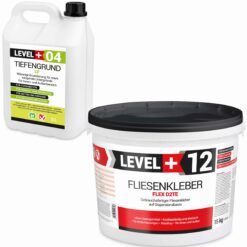 Fertig Flexkleber 15kg + Tiefengrund 5L Dispersionkleber Weiß Steinkleber LEVEL+ SET207