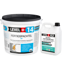 Fertigspachtel 20kg Spachtelmasse Polymer-Gips-Flächenglätter und Acryl Tiefengrund 5L LEVEL+ SET600