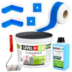 Dichtset Abdichtung Flüssigfolie 4kg Dichtband 5m Tiefengrund Farbroller 10cm Dichtband LEVEL+ SET290