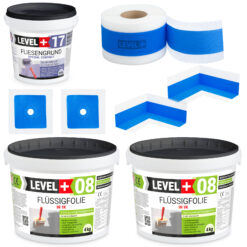 Dichtset Bad Dusche Flüssigfolie 8kg Fliesengrund 1,5kg Innenecke Dichtband LEVEL+ SET335