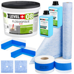 Dichtset ca. 10m2 Duschabdichtung Flüssigfolie 12kg Innenecke Dichtband Dichtbahn Bad Dusche Küche LEVEL+ SET361