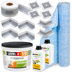 Dicht-Set Innen Außen Abdichtung-Set Dichtvlies Flüssigfolie 12kg Holz Fliesen OSB Wasserdicht Dichtband 120/70mm Ausdehnbar SET541