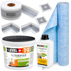 Dicht-Set Innen Außen Abdichtung-Set Dichtvlies Flüssigfolie 7kg Holz Fliesen OSB Wasserdicht Dichtband 120/70mm Ausdehnbar SET544