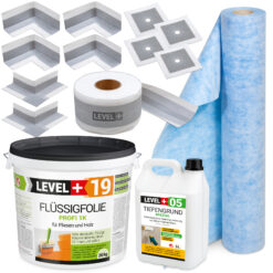 Dicht-Set Innen Außen Abdichtung-Set Dichtvlies Flüssigfolie 25kg Holz Fliesen OSB Wasserdicht Dichtband 120/70mm Ausdehnbar SET549