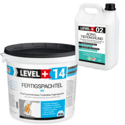 Fertigspachtel 20kg Spachtelmasse Polymer-Gips-Flächenglätter und Acryl Tiefengrund 5L LEVEL+ SET600