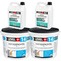 Fertigspachtel 40kg Spachtelmasse Polymer-Gips-Flächenglätter und Acryl Tiefengrund 10L LEVEL+ SET601