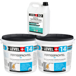 Fertigspachtel 40kg Spachtelmasse Polymer-Gips-Flächenglätter und Acryl Tiefengrund 5L LEVEL+ SET602