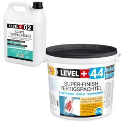 Super-Finish Fertigspachtel Masse 20kg Spachtelmasse Polymer-Gips-Flächenglätter und Acryl Tiefengrund 5L LEVEL+ SET603