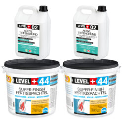 Super-Finish Fertigspachtel Masse 40kg Spachtelmasse Polymer-Gips-Flächenglätter und Acryl Tiefengrund 10L LEVEL+ SET604
