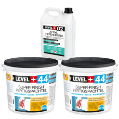 Super-Finish Fertigspachtel Masse 40kg Spachtelmasse Polymer-Gips-Flächenglätter und Acryl Tiefengrund 5L LEVEL+ SET605