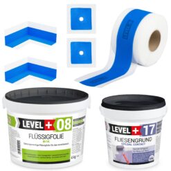 Dichtset Bad Dusche Flüssigfolie 4kg Fliesengrund 1,5kg Innenecke Dichtband LEVEL+ SET334