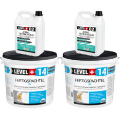 Fertigspachtel 40kg Spachtelmasse Polymer-Gips-Flächenglätter und Acryl Tiefengrund 10L LEVEL+ SET601