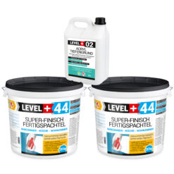 Super-Finish Fertigspachtel Masse 40kg Spachtelmasse Polymer-Gips-Flächenglätter und Acryl Tiefengrund 5L LEVEL+ SET605