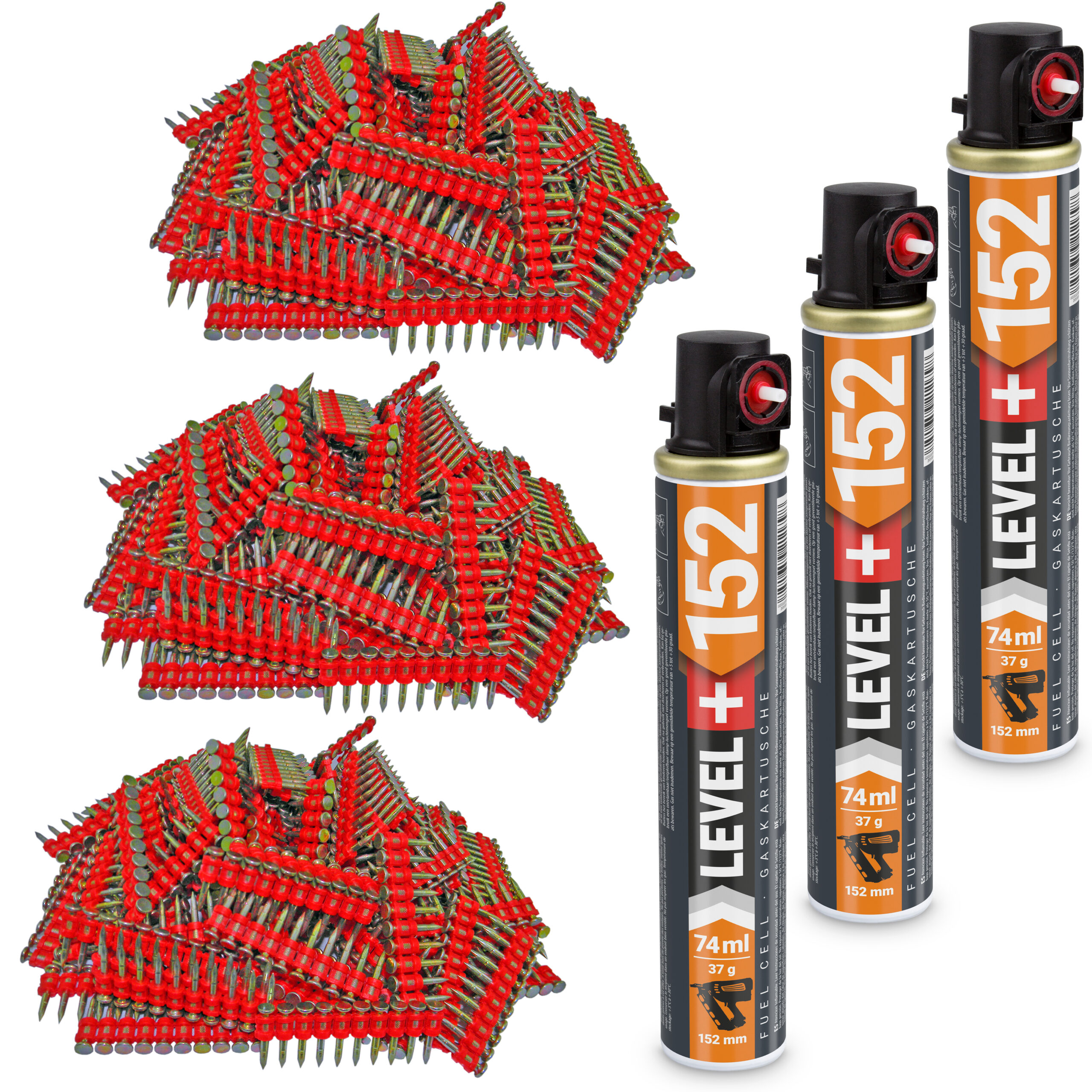 Set: 3000 St. Betonnägel 25mm/ Ø2,6mm für Gasnagler + 3 St. Ganzjahresgas Gaspatrone 152mm/ Ø32mm, Gaskartusche, Fuel Cell, HB42_LEVEL+152