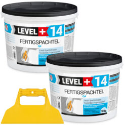Fertigspachtel Spachtelmasse 10+10 kg Glättspachtel Fugenspachtel Trockenbau Rein Weiß + Kunststoffspachtel ohne Zahnung Set LEVEL+14