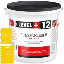 Fliesenkleber Fertigkleber Weiß 25kg Flex D2TE + 2 St. Zahnspachtel Kunstoff SET LEVEL+12