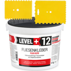Fliesenkleber Fertigkleber Weiß 5kg Flex D2TE + 2 St. Zahnspachtel Kunstoff SET LEVEL+12