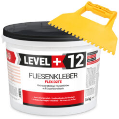 Fliesenkleber Fertigkleber Dispersionskleber Flex D2TE 15kg weiß + Kunstoffzahnspachtel LEVEL+12 SET