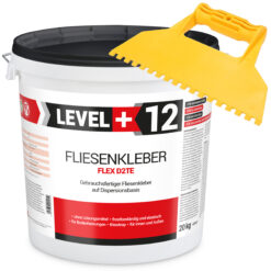 Fliesenkleber Fertigkleber Dispersionskleber Flex D2TE 20kg weiß + Kunstoffzahnspachtel LEVEL+12 SET