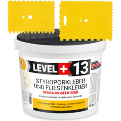 Styroporkleber Dispersionkleber Korkkleber 10kg Polymerbasis + 2 St. Zahnspachtel Kunstoff SET LEVEL+13