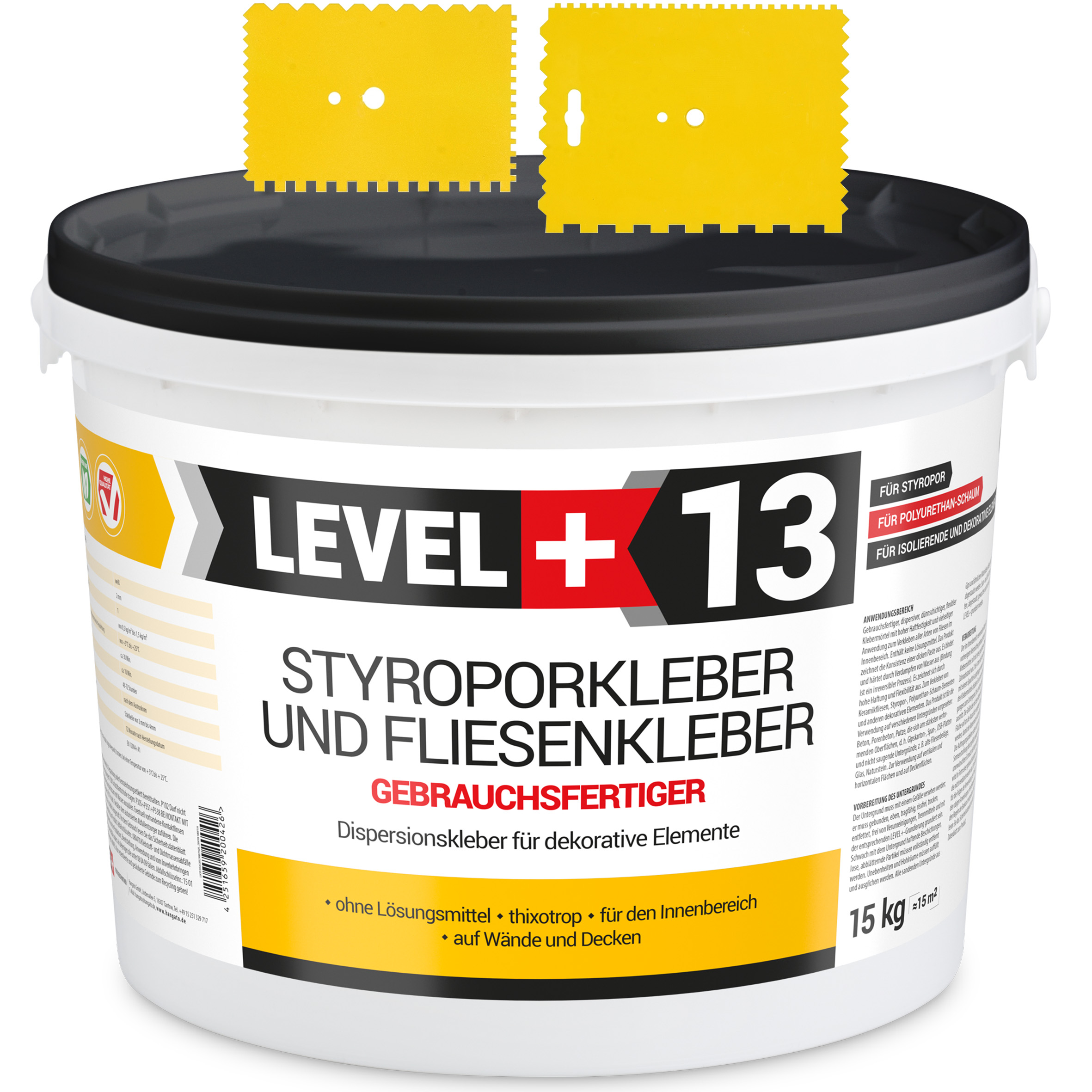Styroporkleber Dispersionkleber Korkkleber 15kg Polymerbasis + 2 St. Zahnspachtel Kunstoff SET LEVEL+13