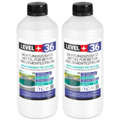 Dichtsungsmittel Flüssig 2L für Beton und Zementestriche, frostbeständig, Mörtelzusatzmittel, Belüftungsmittel LEVEL+36