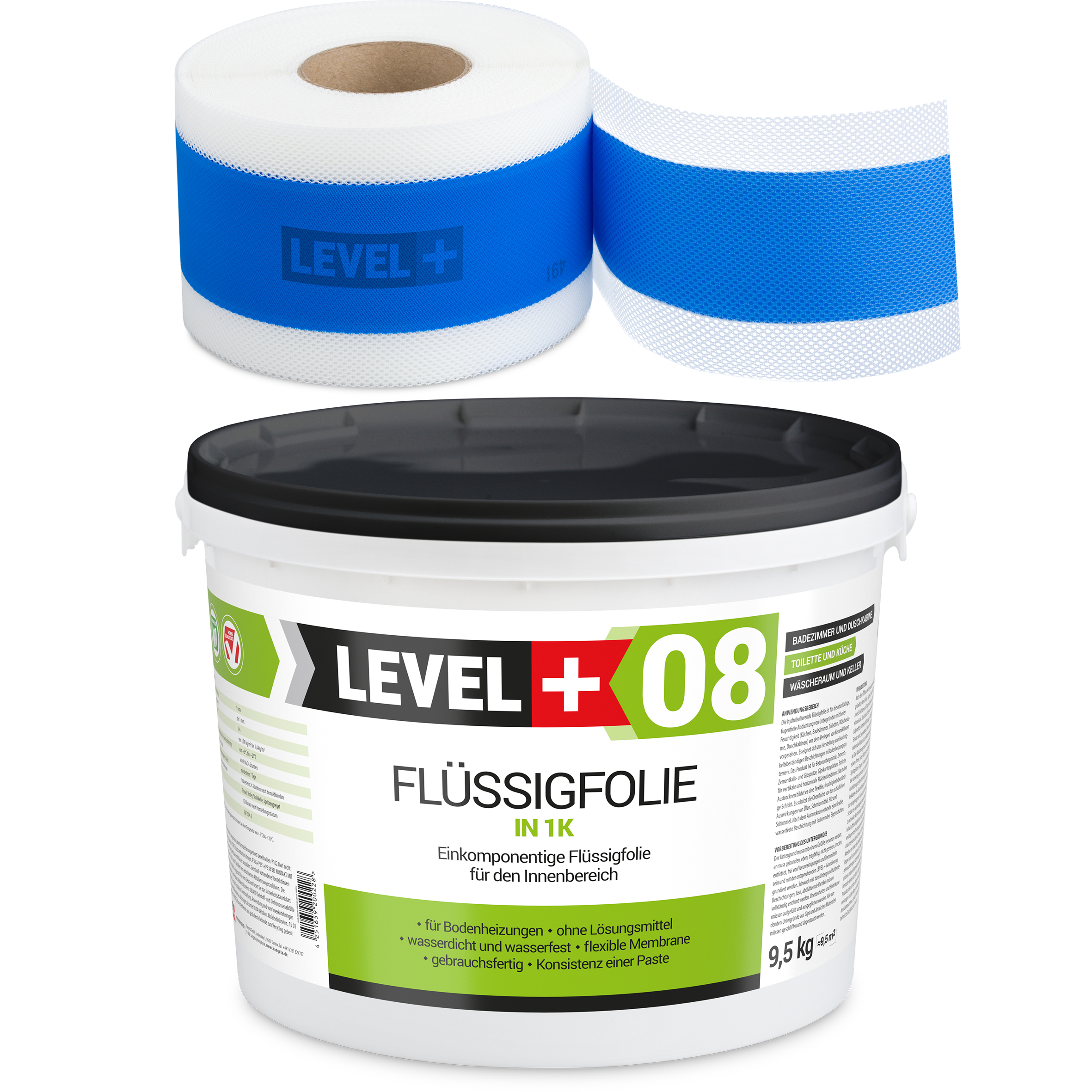 Dichtset Flüssigfolie 9,5kg Wassersperre Bad Dusche Dichtband Wasserdicht LEVEL+ SET308